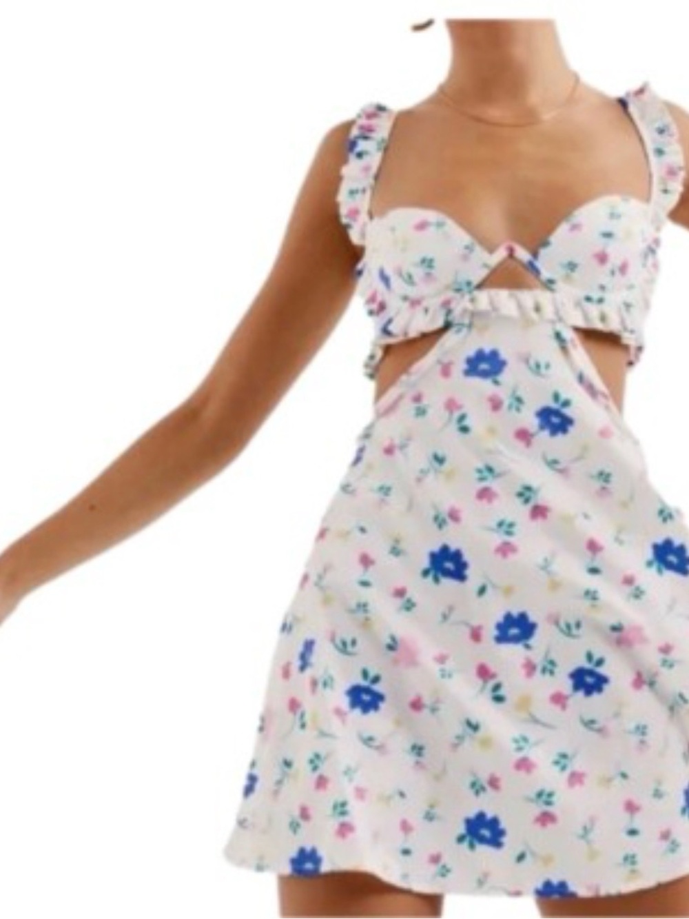 For Love & Lemons White Mini Dress with Blue and Pink Floral Print